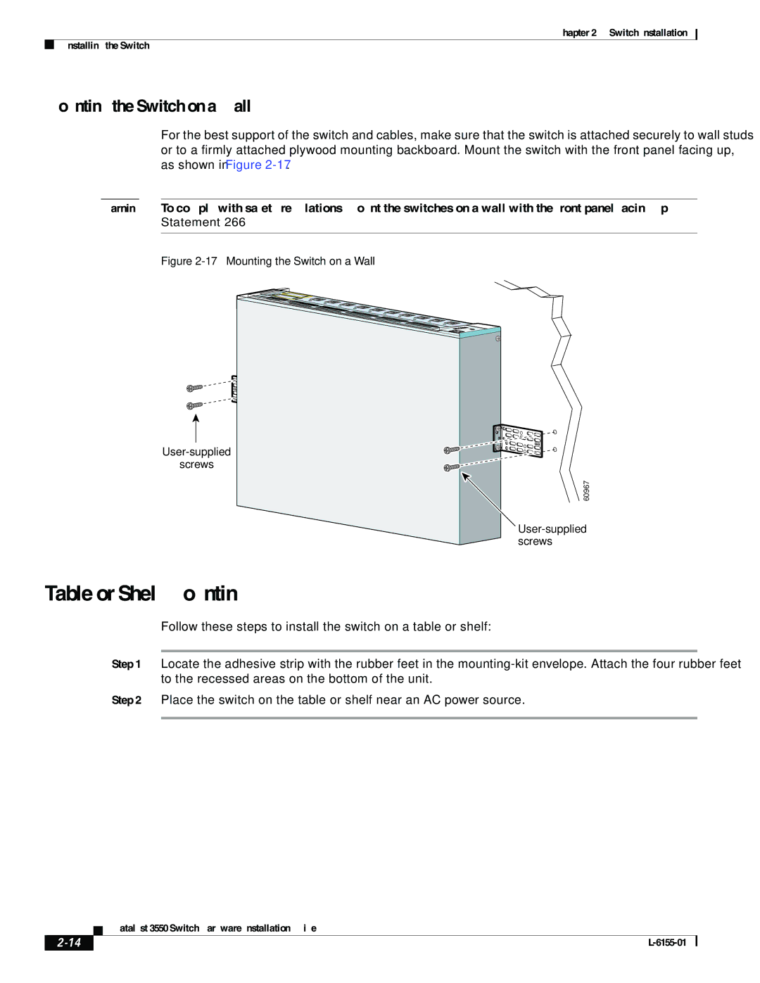 Cisco Systems 3550 manual Table or Shelf Mounting, Mounting the Switch on a Wall 