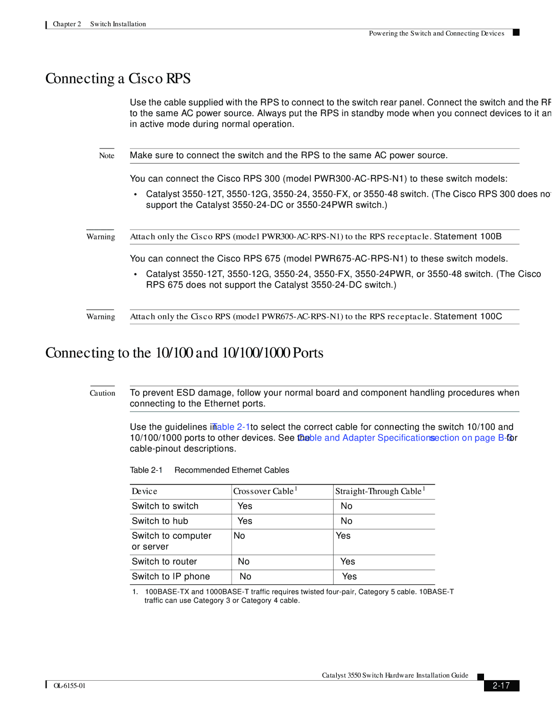 Cisco Systems 3550 manual Connecting a Cisco RPS, Connecting to the 10/100 and 10/100/1000 Ports, Device Crossover Cable 