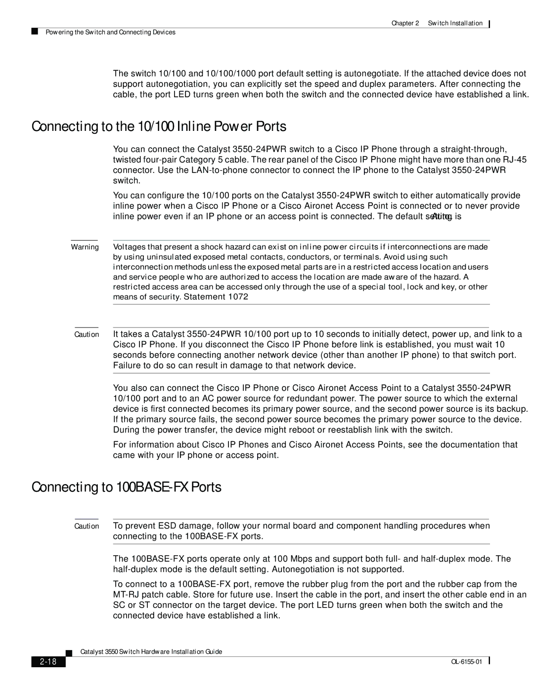 Cisco Systems 3550 manual Connecting to the 10/100 Inline Power Ports, Connecting to 100BASE-FX Ports 