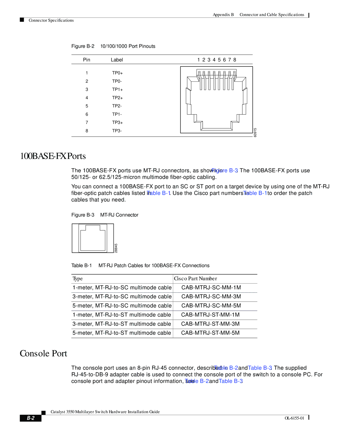 Cisco Systems 3550 manual Type Cisco Part Number, Figure B-2 10/100/1000 Port Pinouts 