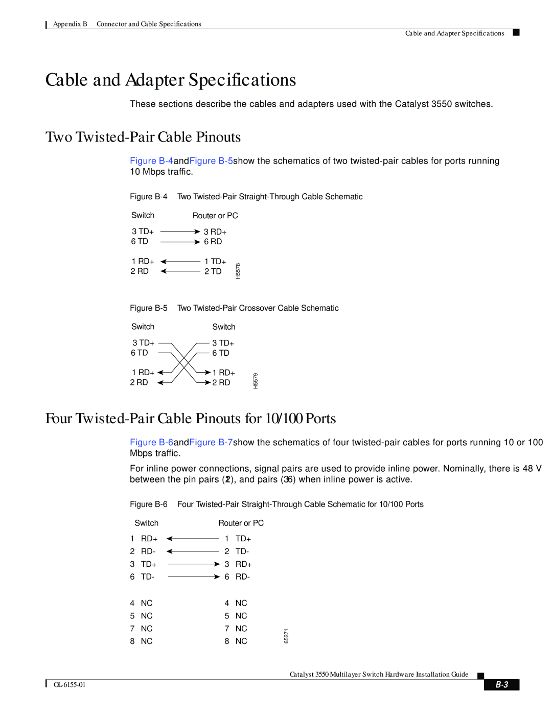 Cisco Systems 3550 manual Cable and Adapter Specifications, Two Twisted-Pair Cable Pinouts 