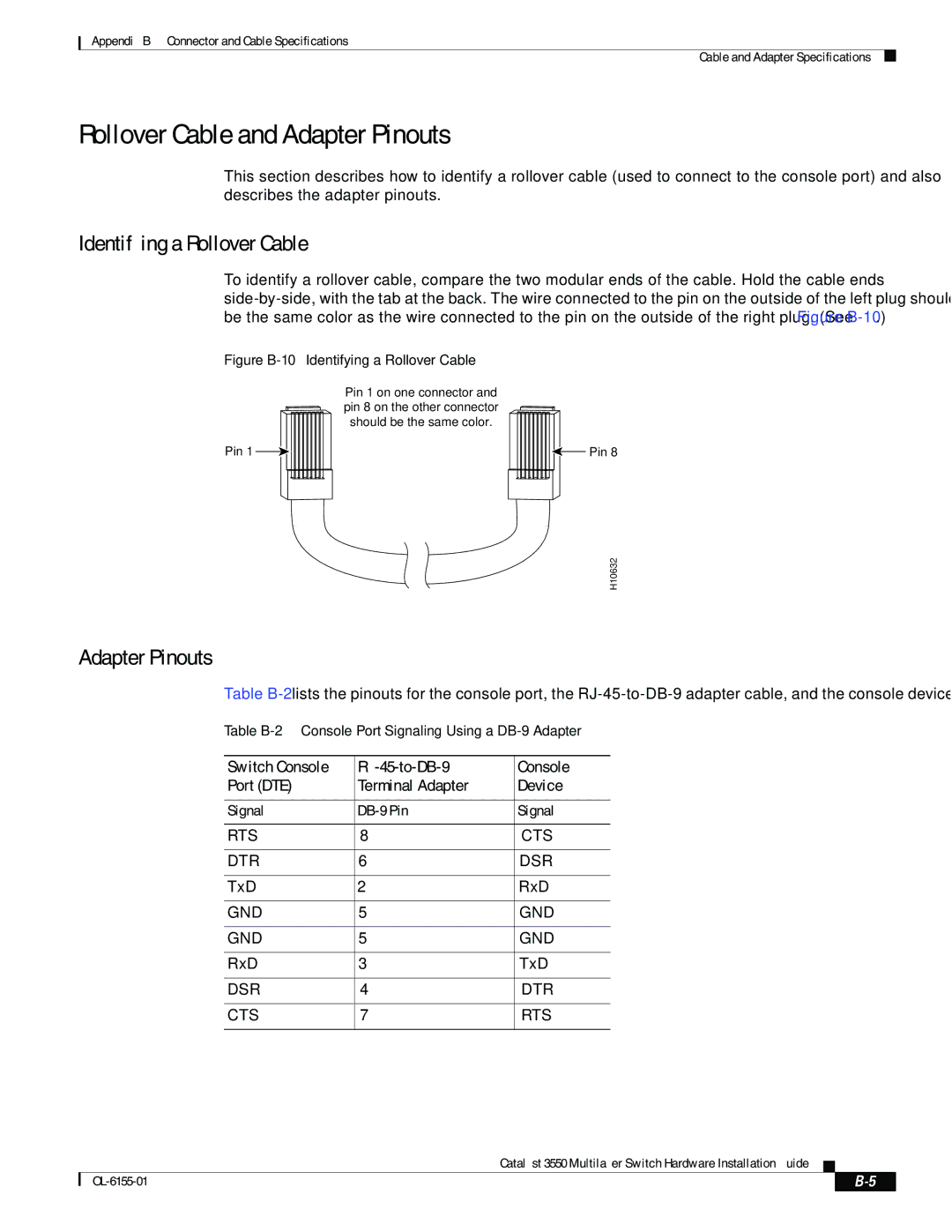 Cisco Systems 3550 manual Rollover Cable and Adapter Pinouts, Identifying a Rollover Cable 