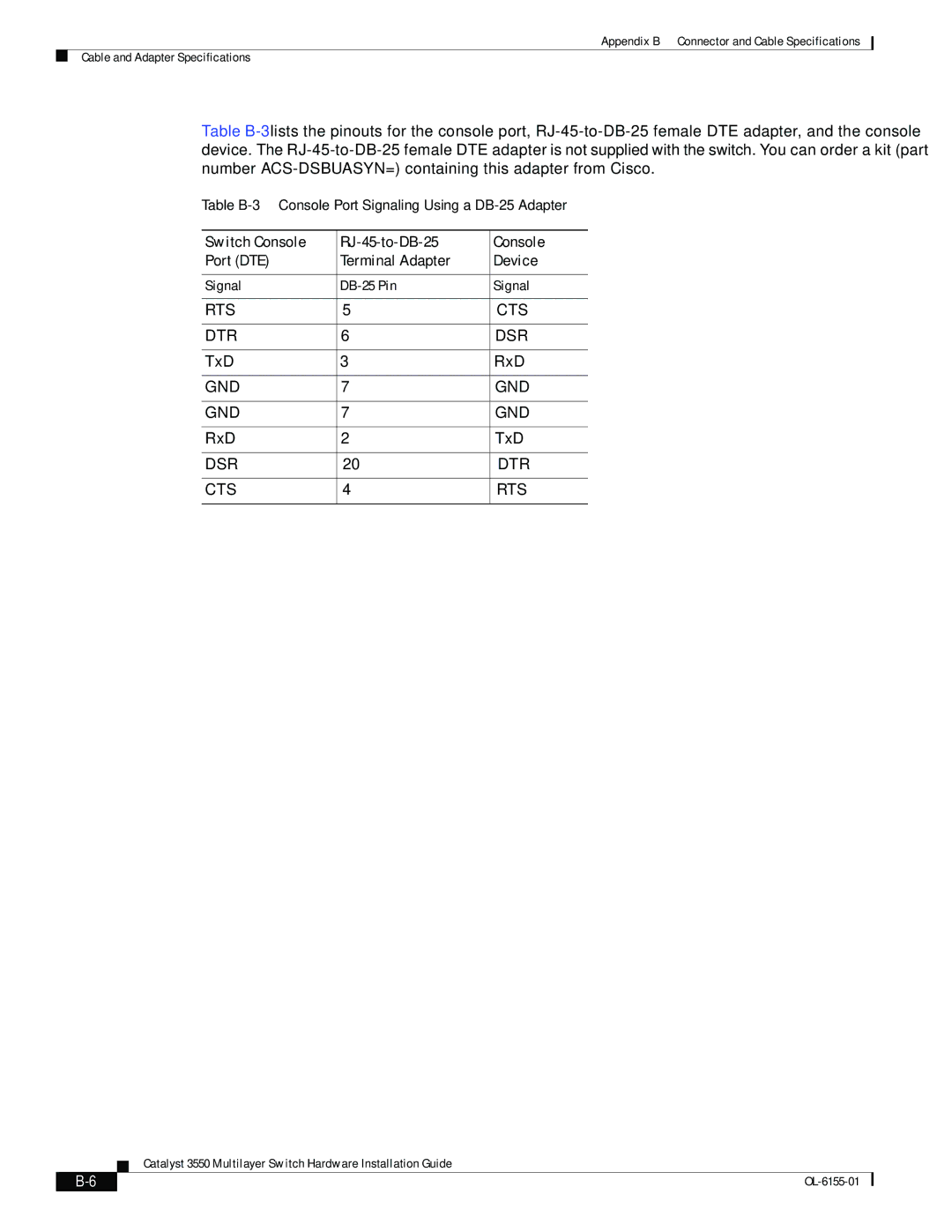 Cisco Systems 3550 manual Table B-3 Console Port Signaling Using a DB-25 Adapter 