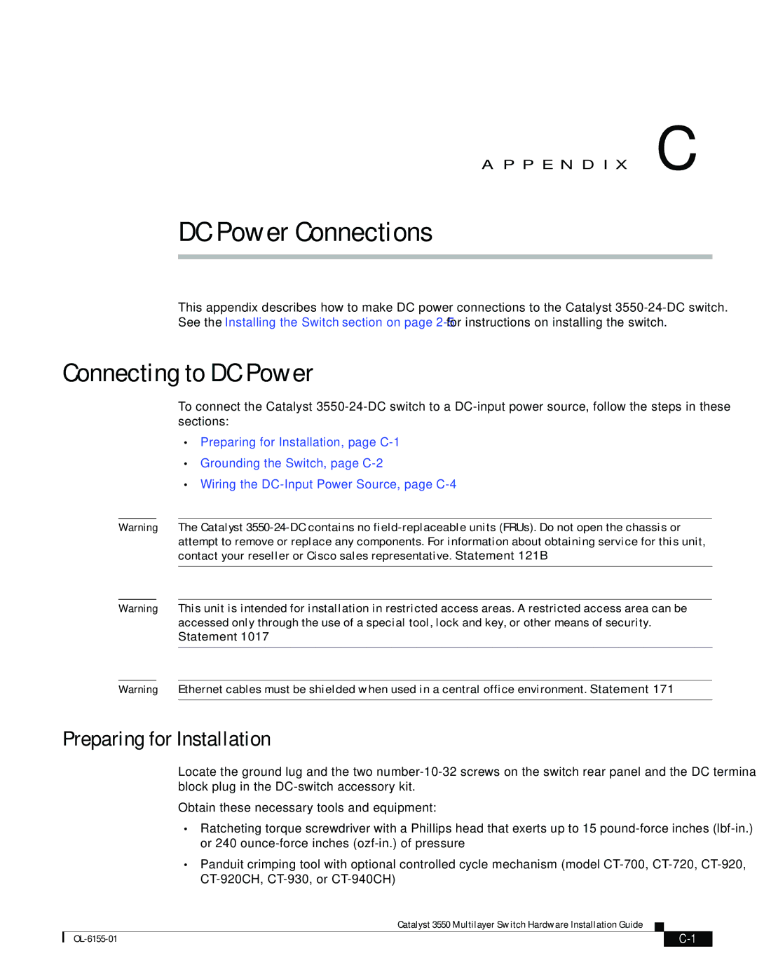 Cisco Systems 3550 manual Connecting to DC Power, Preparing for Installation 