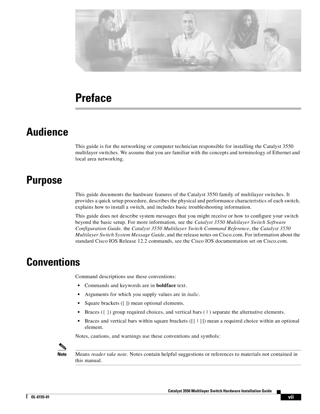 Cisco Systems 3550 manual Audience, Purpose, Conventions, Vii 