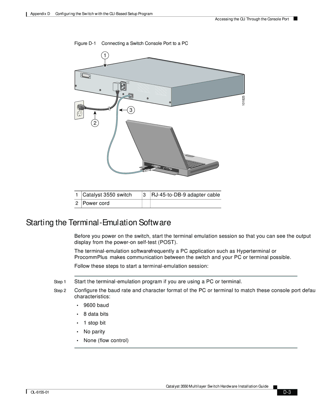 Cisco Systems 3550 manual Starting the Terminal-Emulation Software, Figure D-1 Connecting a Switch Console Port to a PC 