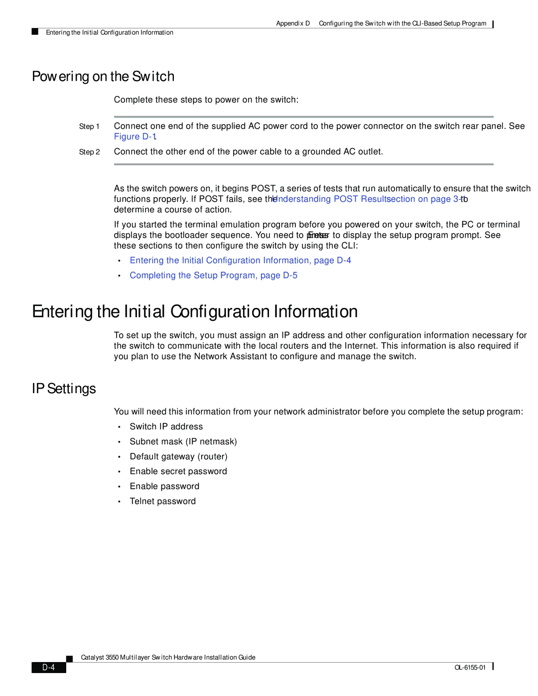 Cisco Systems 3550 manual Entering the Initial Configuration Information, Powering on the Switch, IP Settings 