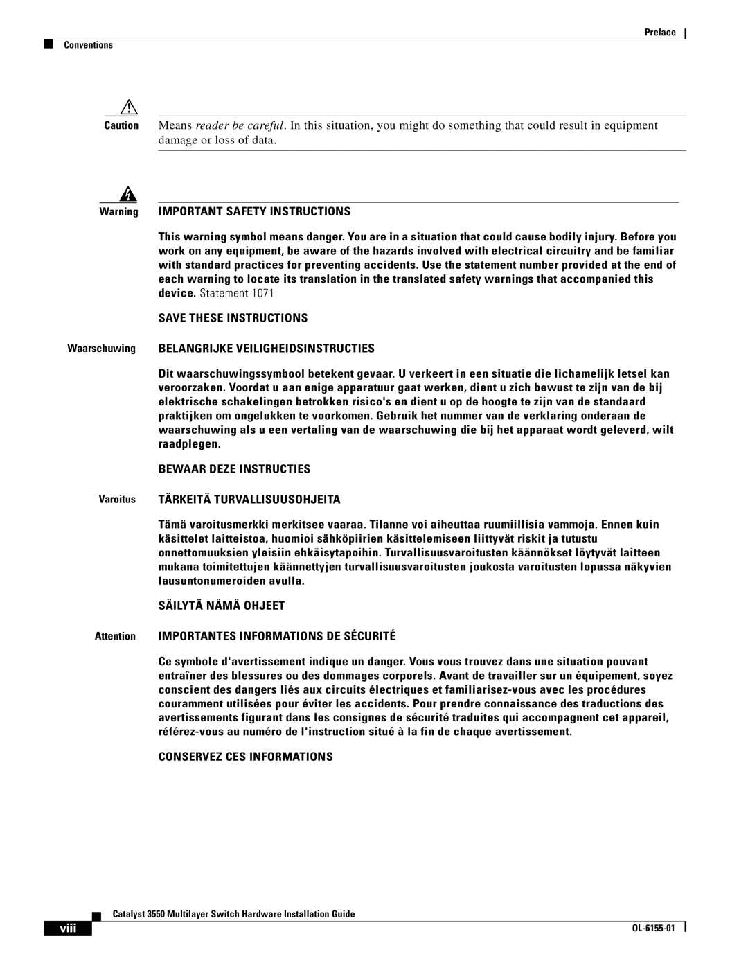 Cisco Systems 3550 manual Bewaar Deze Instructies, Viii 