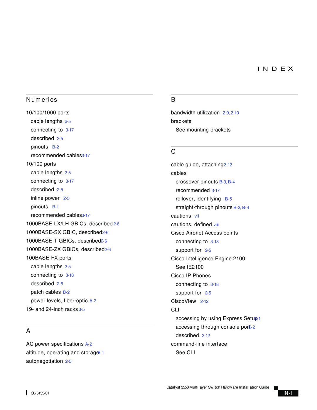 Cisco Systems 3550 manual Numerics, IN-1 