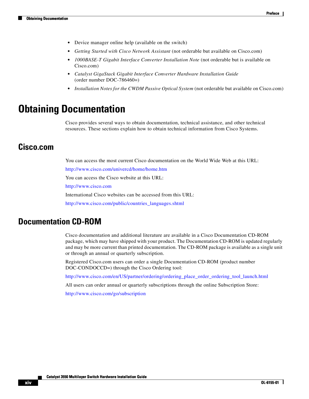 Cisco Systems 3550 manual Obtaining Documentation, Cisco.com, Documentation CD-ROM 