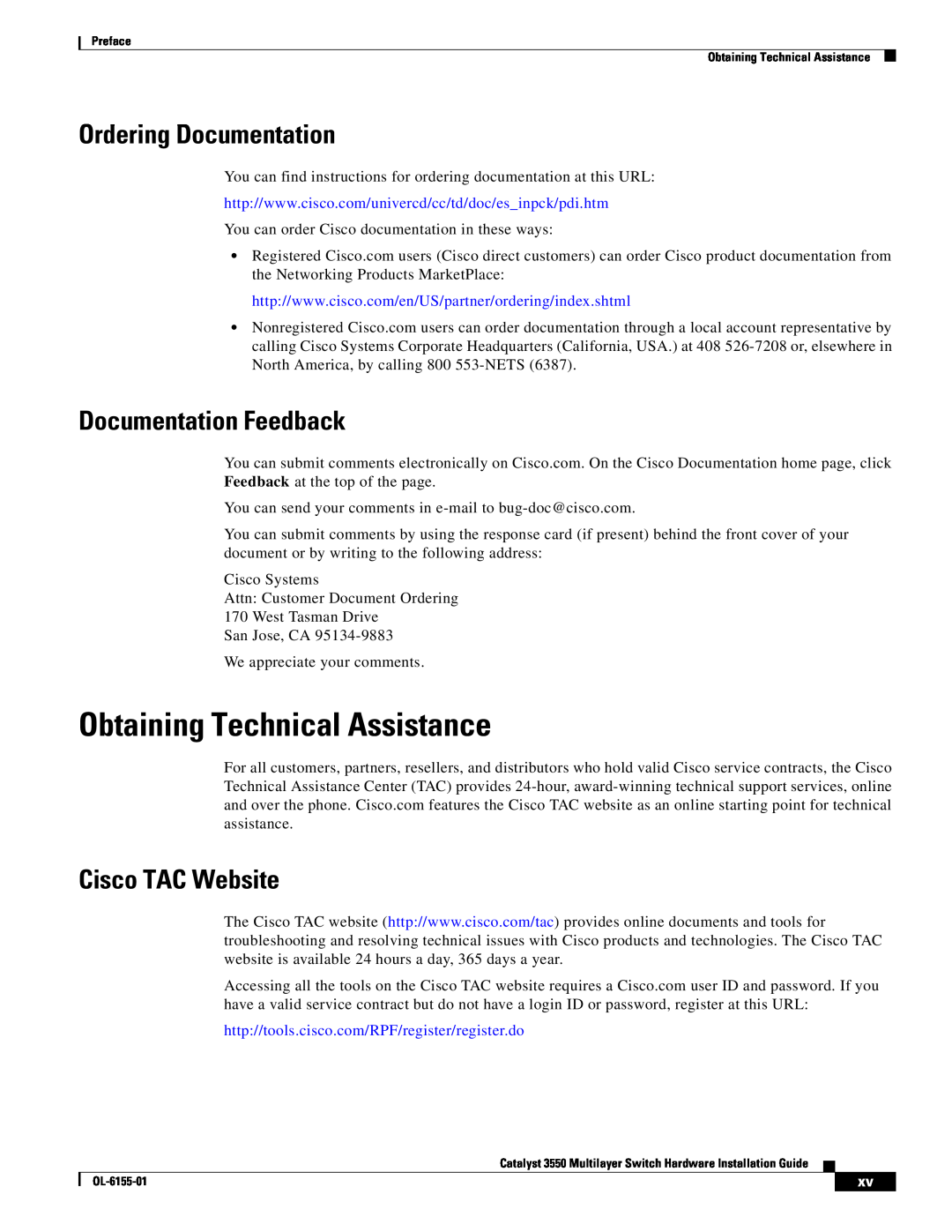 Cisco Systems 3550 manual Obtaining Technical Assistance, Ordering Documentation, Documentation Feedback, Cisco TAC Website 