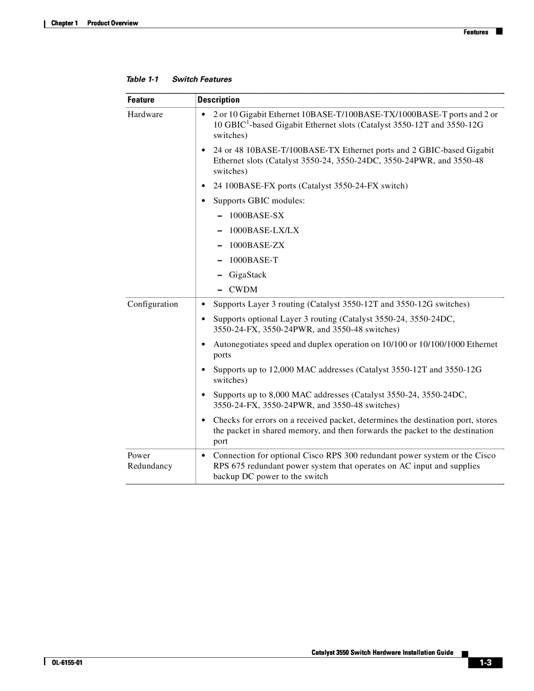 Cisco Systems 3550 manual Description, 1 Switch Features 