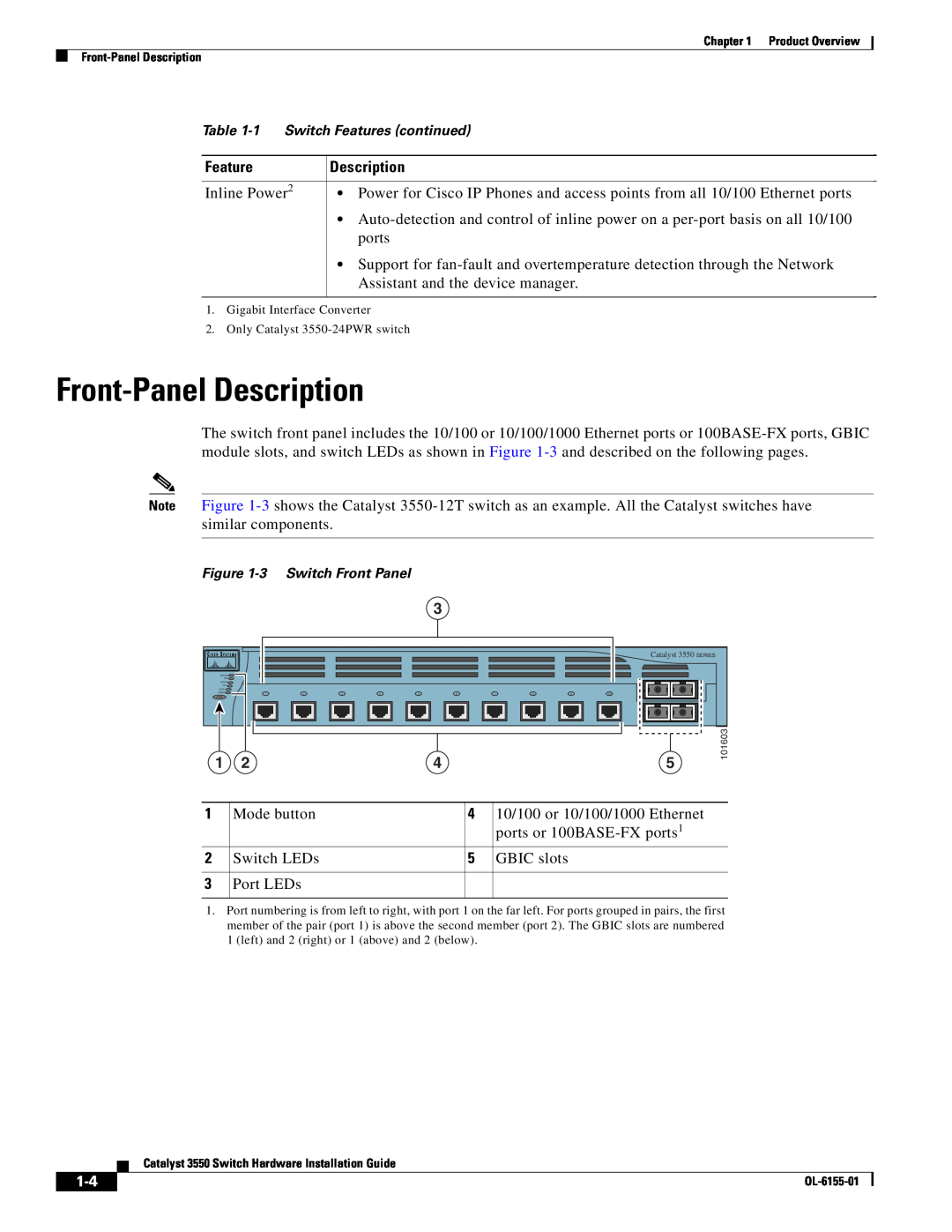 Cisco Systems 3550 manual Front-Panel Description, Feature, Inline Power 