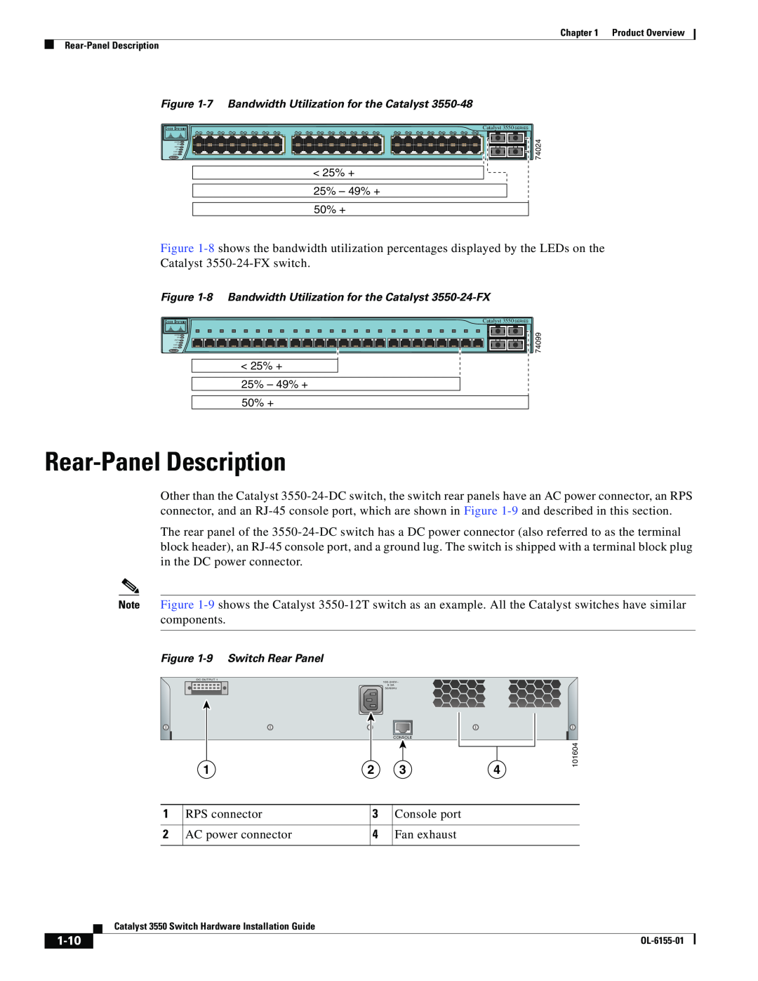 Cisco Systems 3550 manual Rear-Panel Description, 1-10 