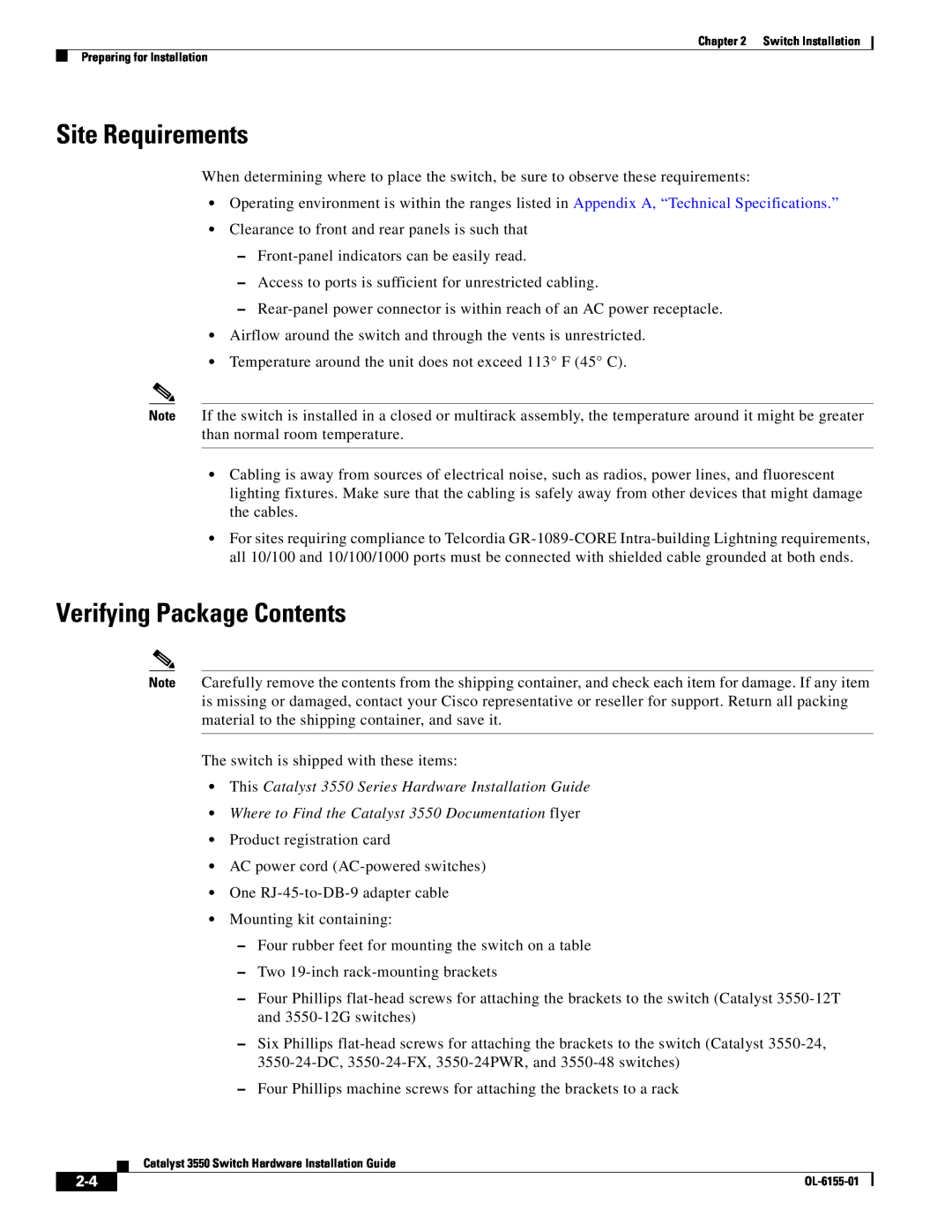 Cisco Systems 3550 manual Site Requirements, Verifying Package Contents 