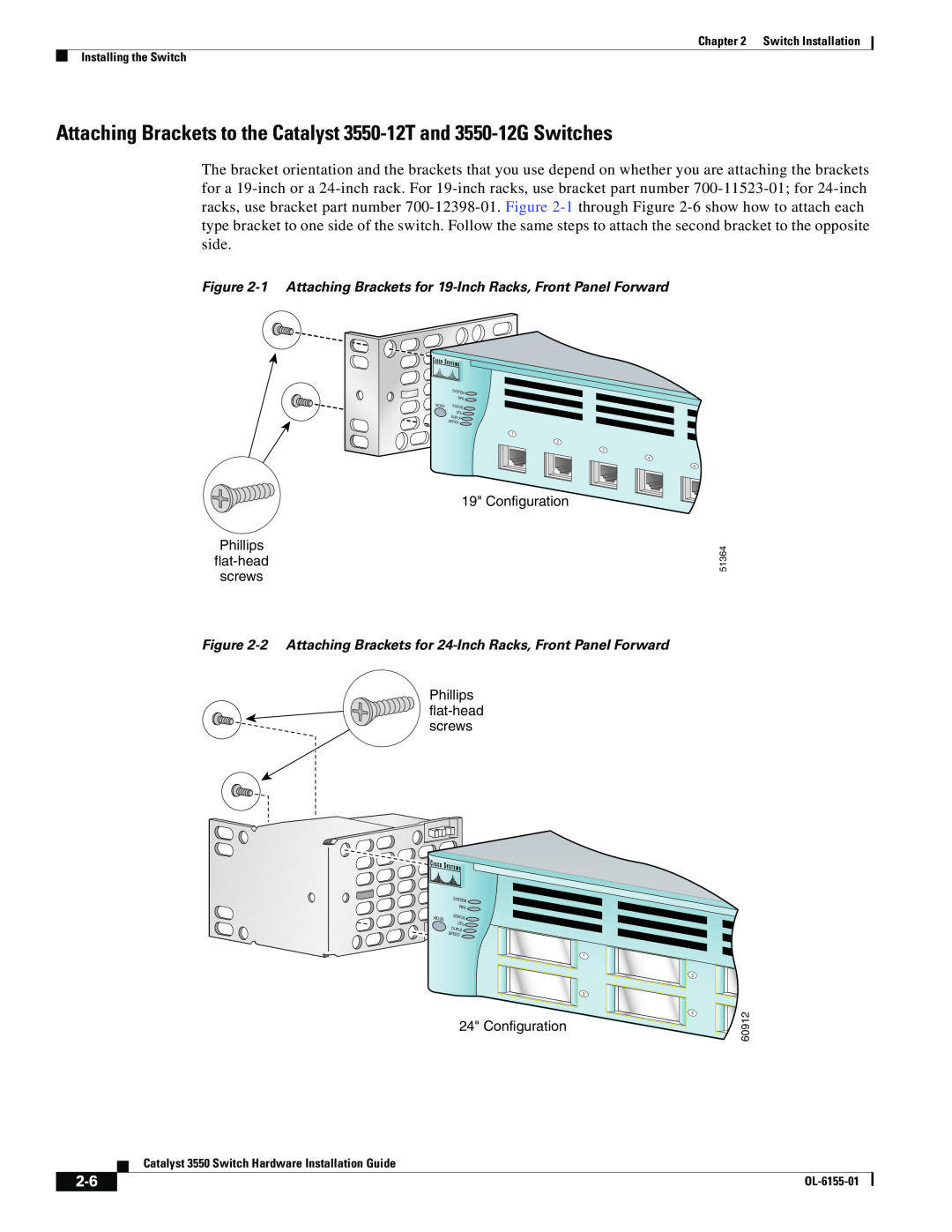 Cisco Systems manual Attaching Brackets to the Catalyst 3550-12T and 3550-12G Switches 