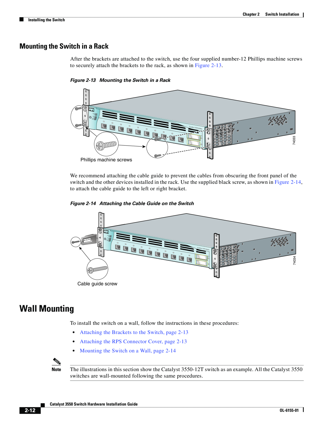Cisco Systems 3550 manual Wall Mounting, Mounting the Switch in a Rack, Attaching the Brackets to the Switch, page, 2-12 