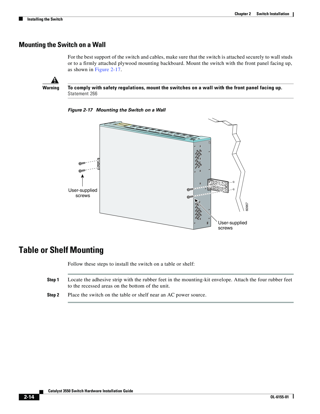 Cisco Systems 3550 manual Table or Shelf Mounting, Mounting the Switch on a Wall, 2-14 
