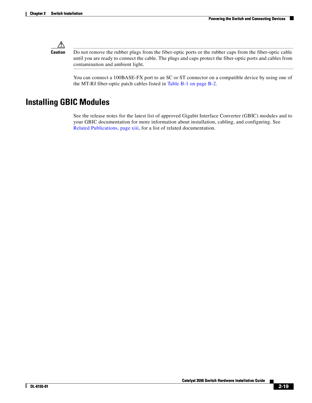 Cisco Systems 3550 manual Installing GBIC Modules, 2-19 