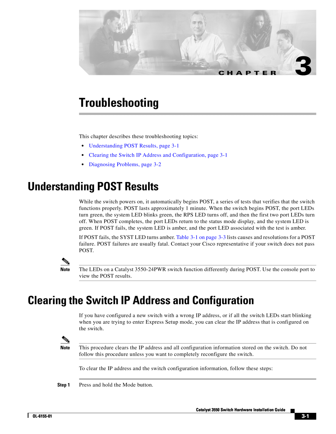 Cisco Systems 3550 manual Troubleshooting, Understanding POST Results, Clearing the Switch IP Address and Configuration 