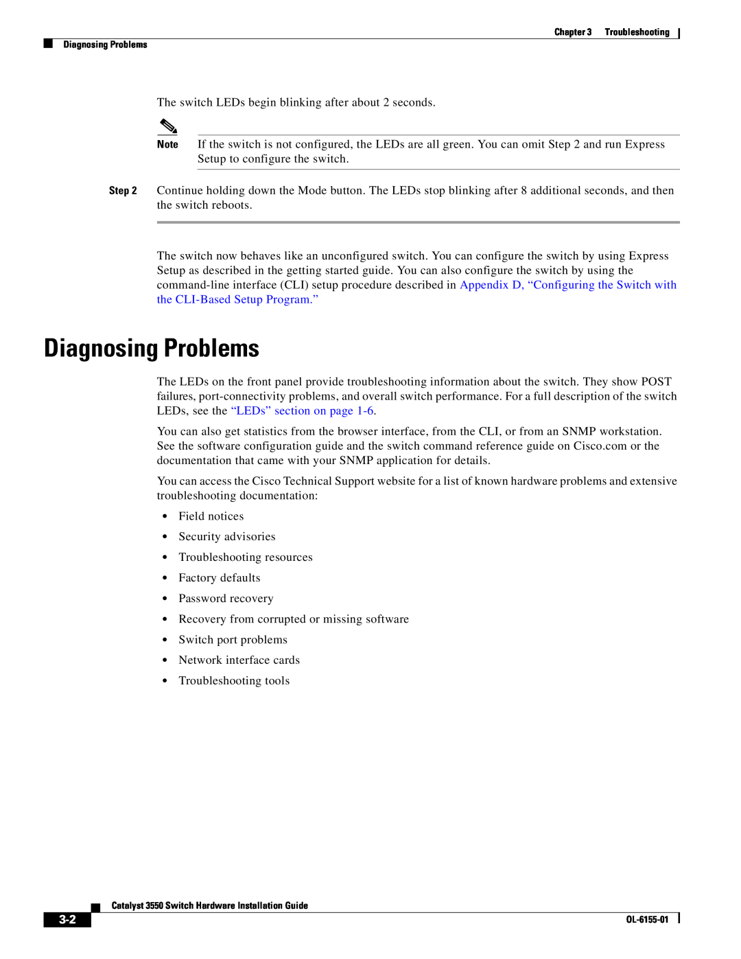 Cisco Systems 3550 manual Diagnosing Problems 