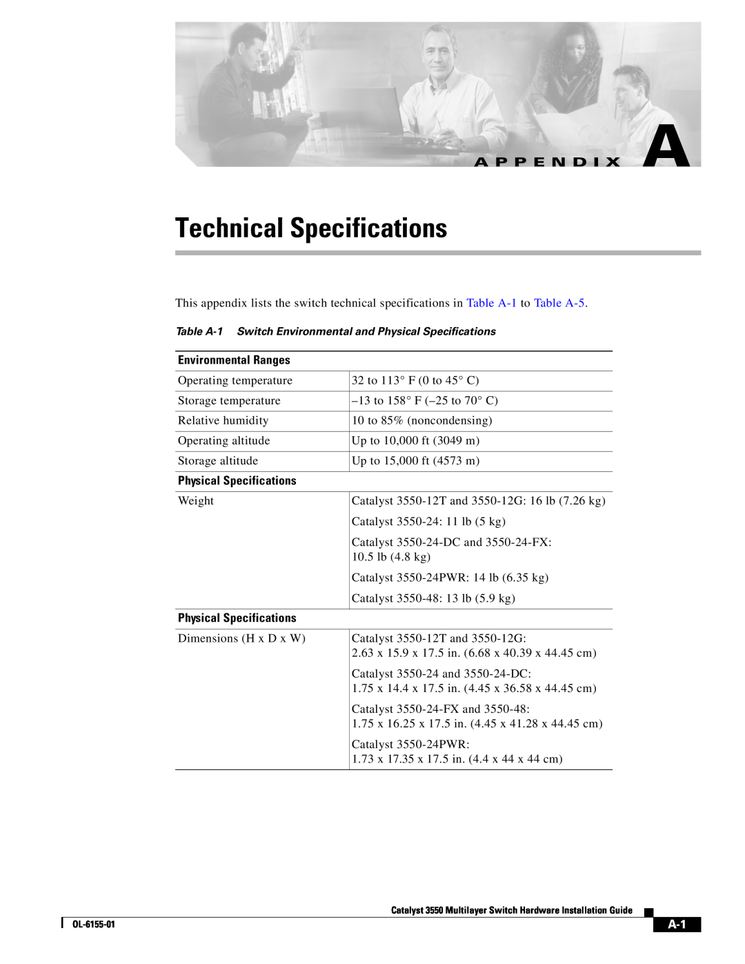 Cisco Systems 3550 manual Technical Specifications, A P P E N D I X A 