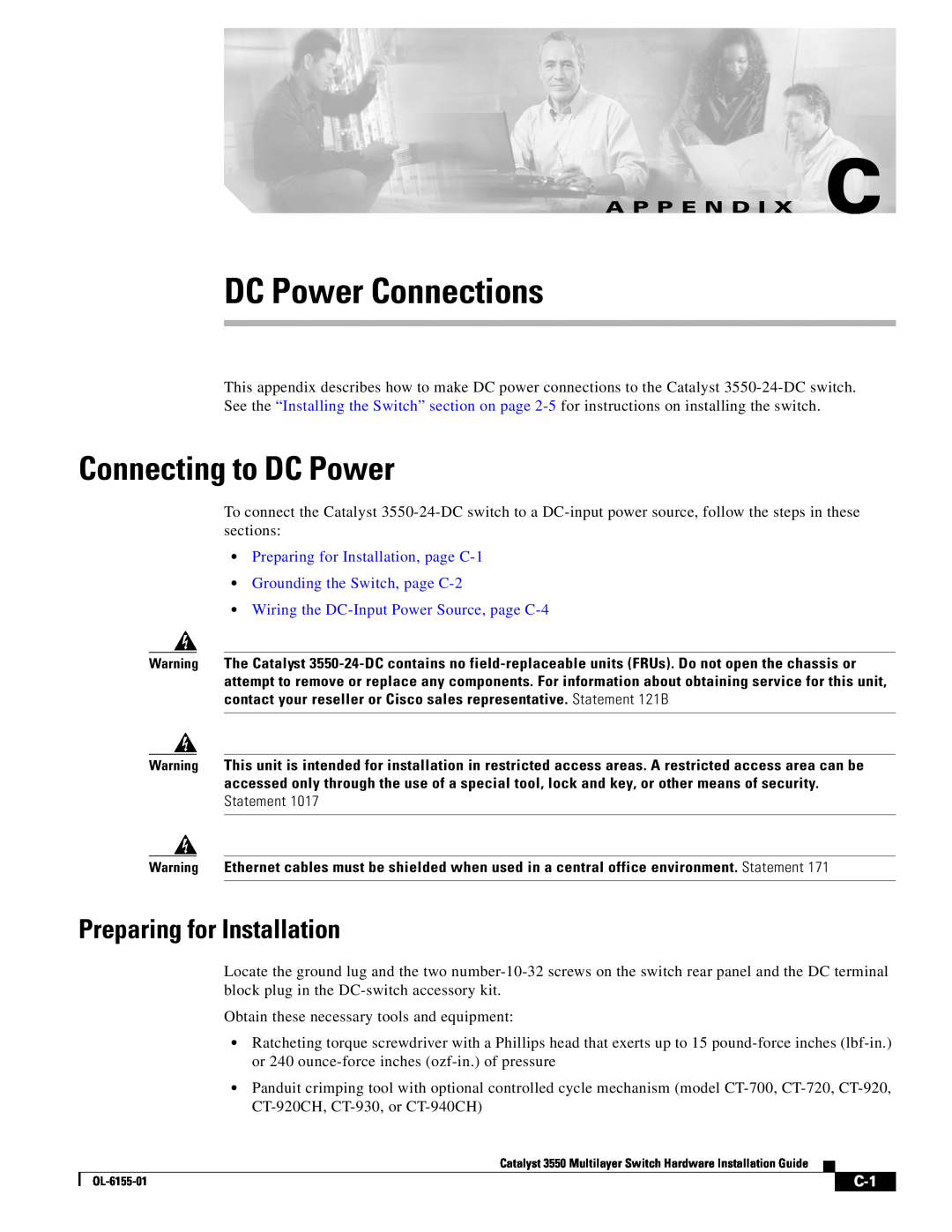 Cisco Systems 3550 manual DC Power Connections, Connecting to DC Power, Preparing for Installation, A P P E N D I X C 