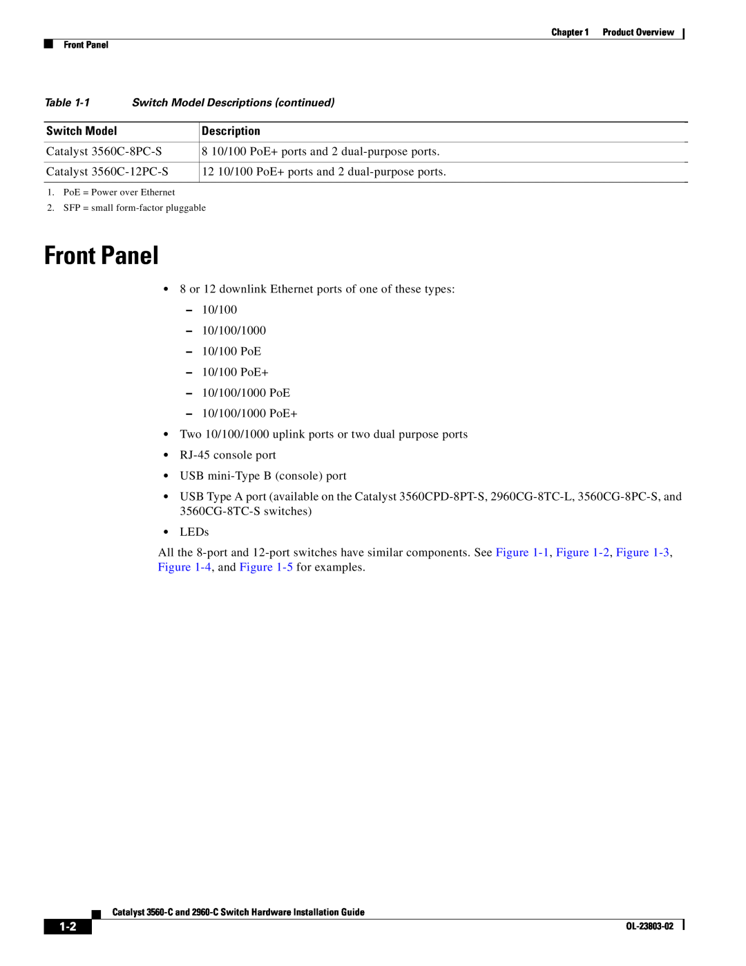 Cisco Systems 3560-C manual Front Panel, Switch Model, Description 