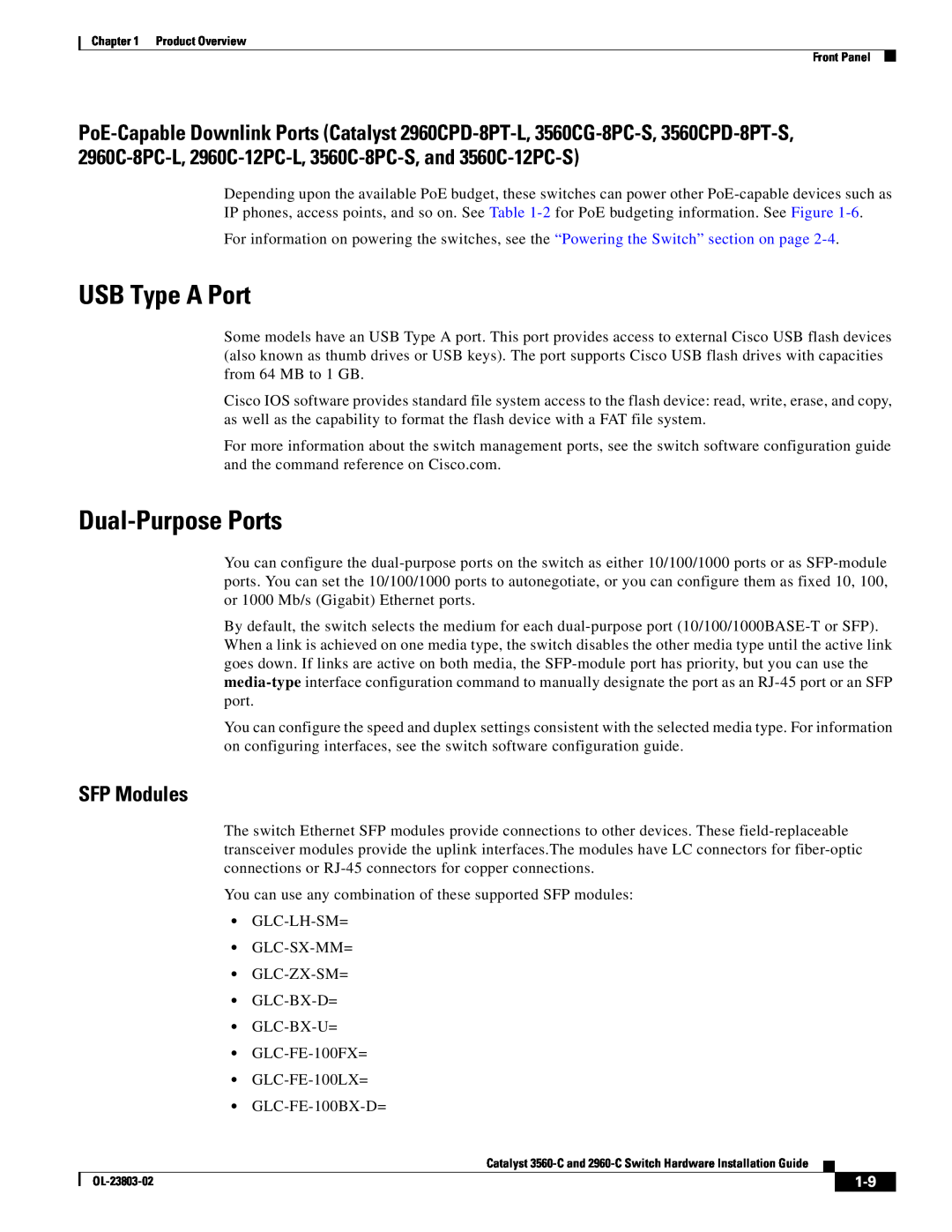 Cisco Systems 3560-C manual USB Type A Port, Dual-Purpose Ports, SFP Modules 