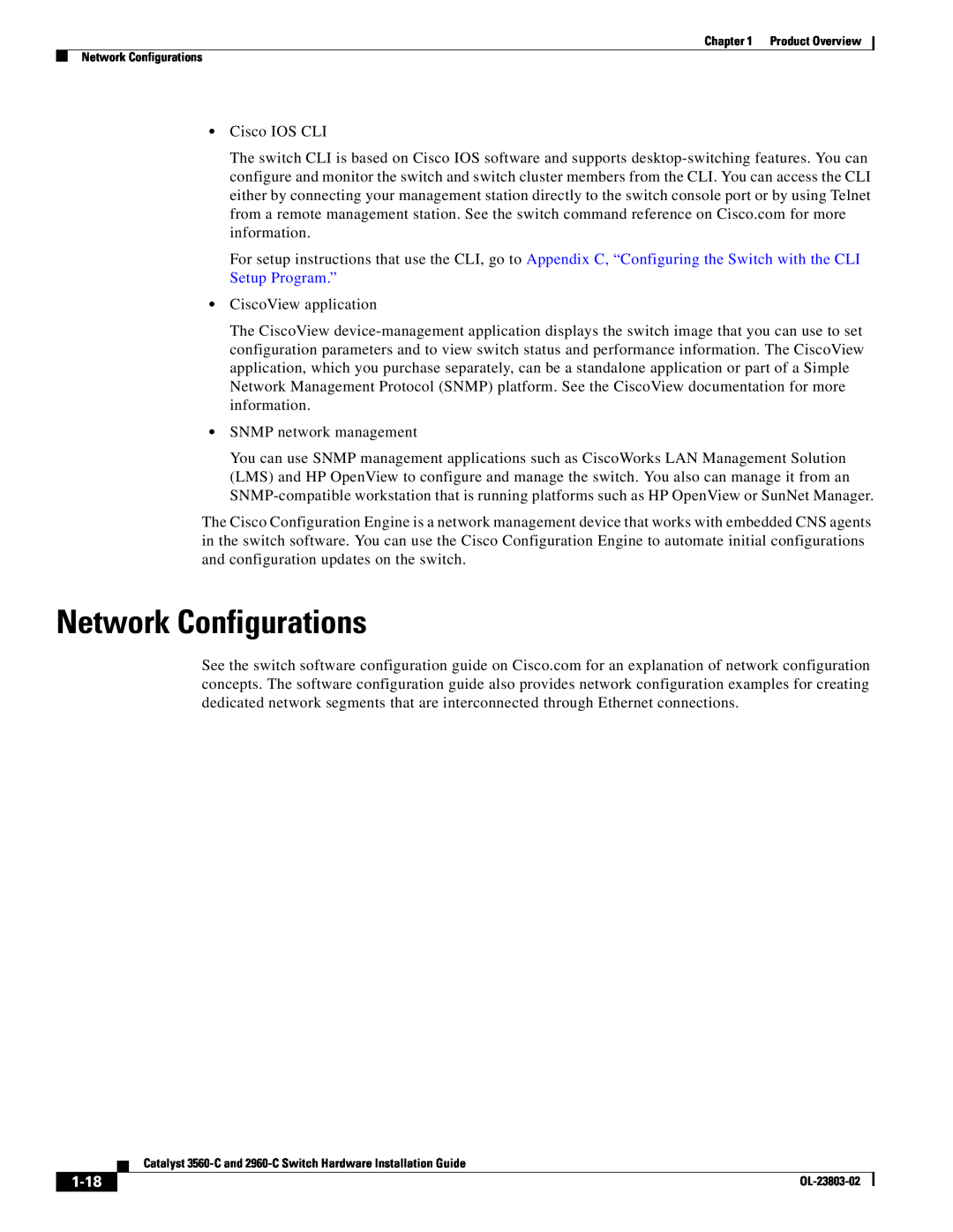 Cisco Systems 3560-C manual Network Configurations, 1-18 