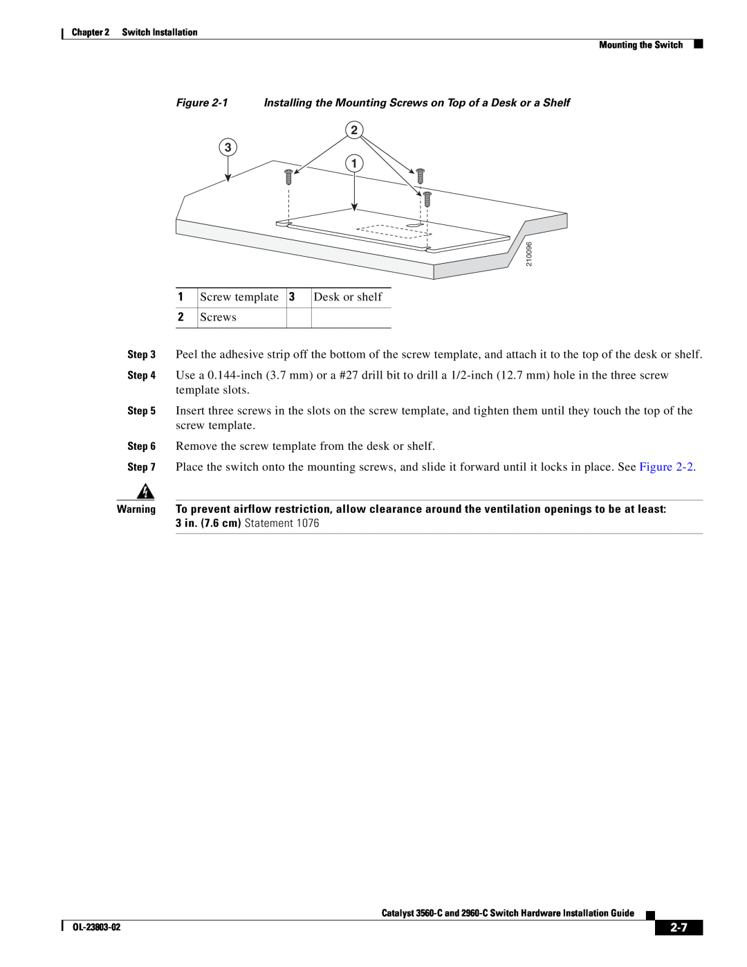 Cisco Systems 3560-C manual Screw template 3 Desk or shelf Screws 
