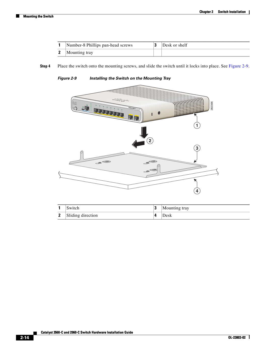 Cisco Systems 3560-C manual 2-14, 9 Installing the Switch on the Mounting Tray 