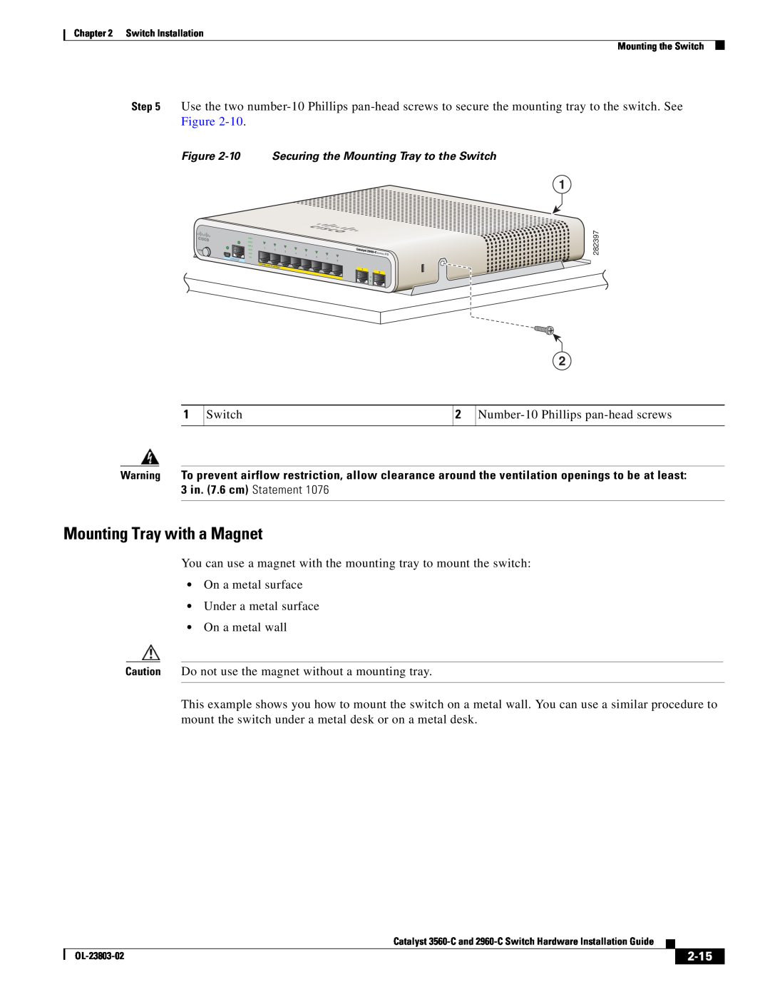 Cisco Systems 3560-C manual Mounting Tray with a Magnet, 2-15, 10 Securing the Mounting Tray to the Switch 