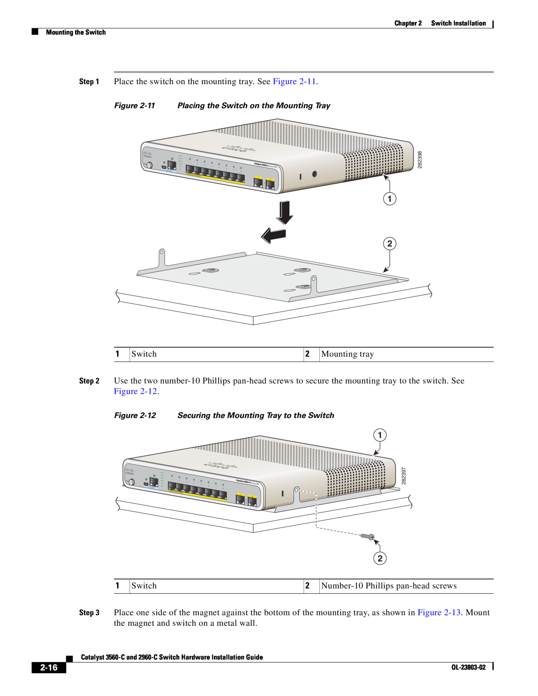 Cisco Systems 3560-C manual 2-16, 11 Placing the Switch on the Mounting Tray, 12 Securing the Mounting Tray to the Switch 