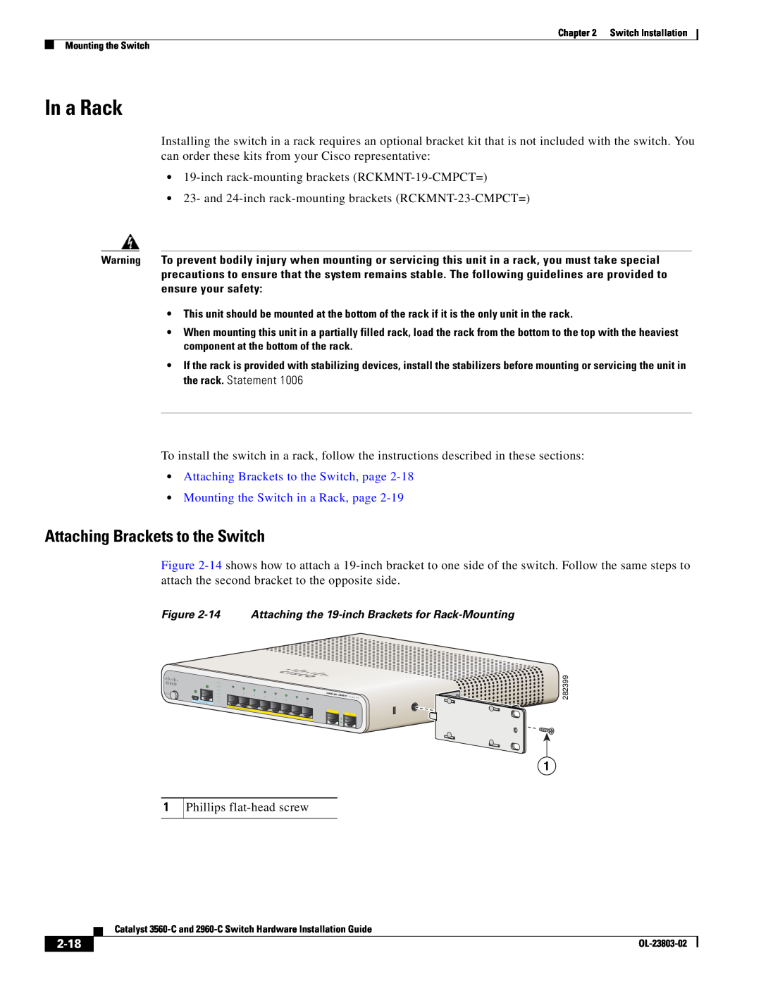 Cisco Systems 3560-C In a Rack, Attaching Brackets to the Switch, page, Mounting the Switch in a Rack, page, 2-18 