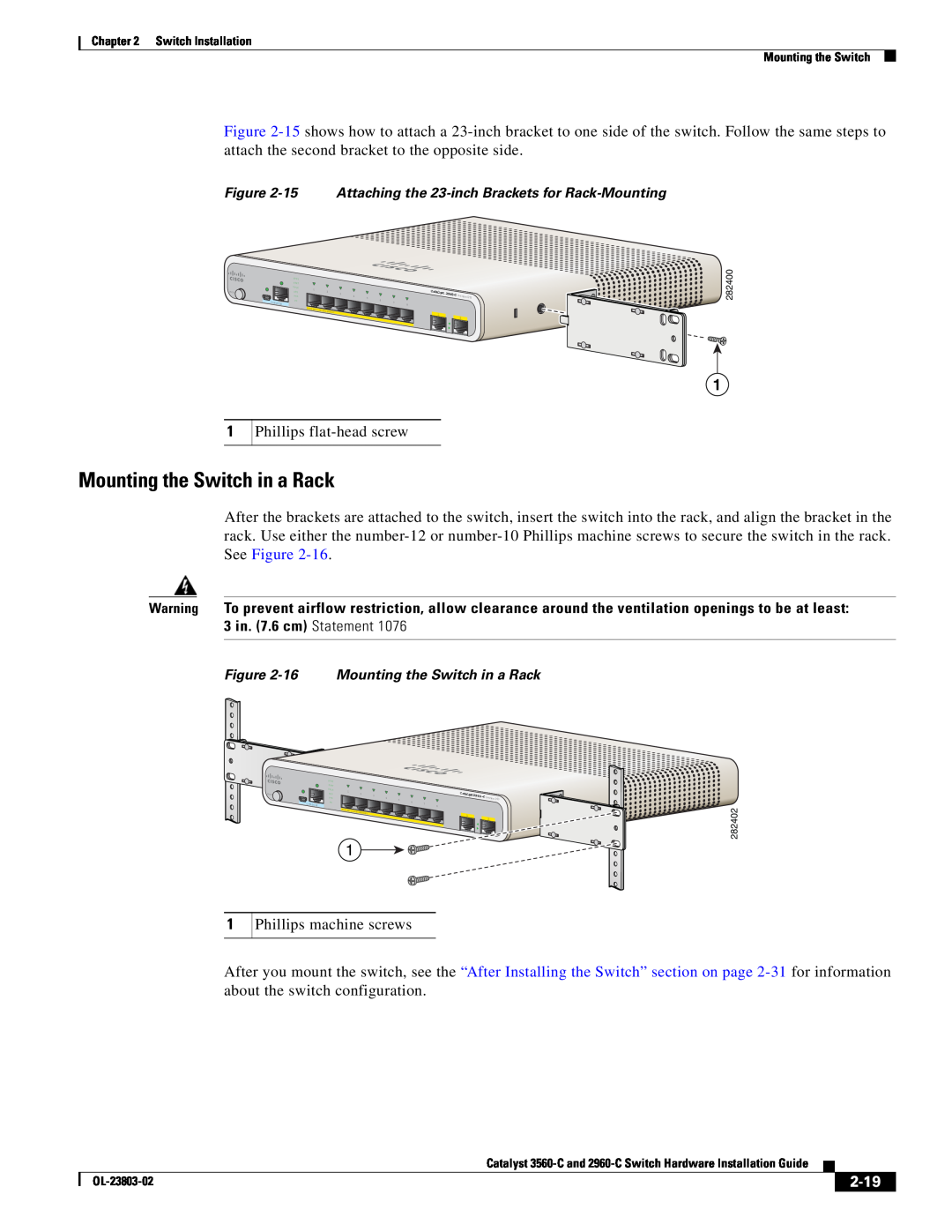 Cisco Systems 3560-C manual Mounting the Switch in a Rack, 2-19, 15 Attaching the 23-inch Brackets for Rack-Mounting 