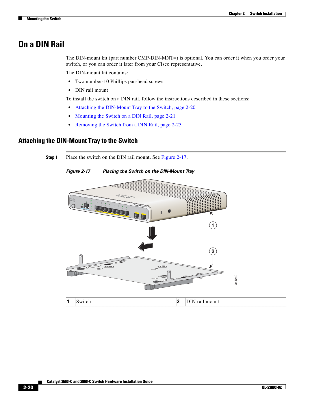 Cisco Systems 3560-C On a DIN Rail, Attaching the DIN-Mount Tray to the Switch, Mounting the Switch on a DIN Rail, page 