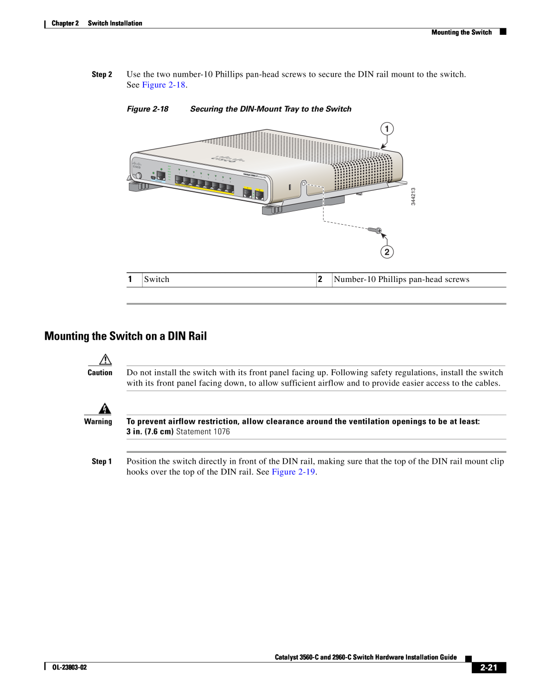Cisco Systems 3560-C manual Mounting the Switch on a DIN Rail, 2-21, 18 Securing the DIN-Mount Tray to the Switch 