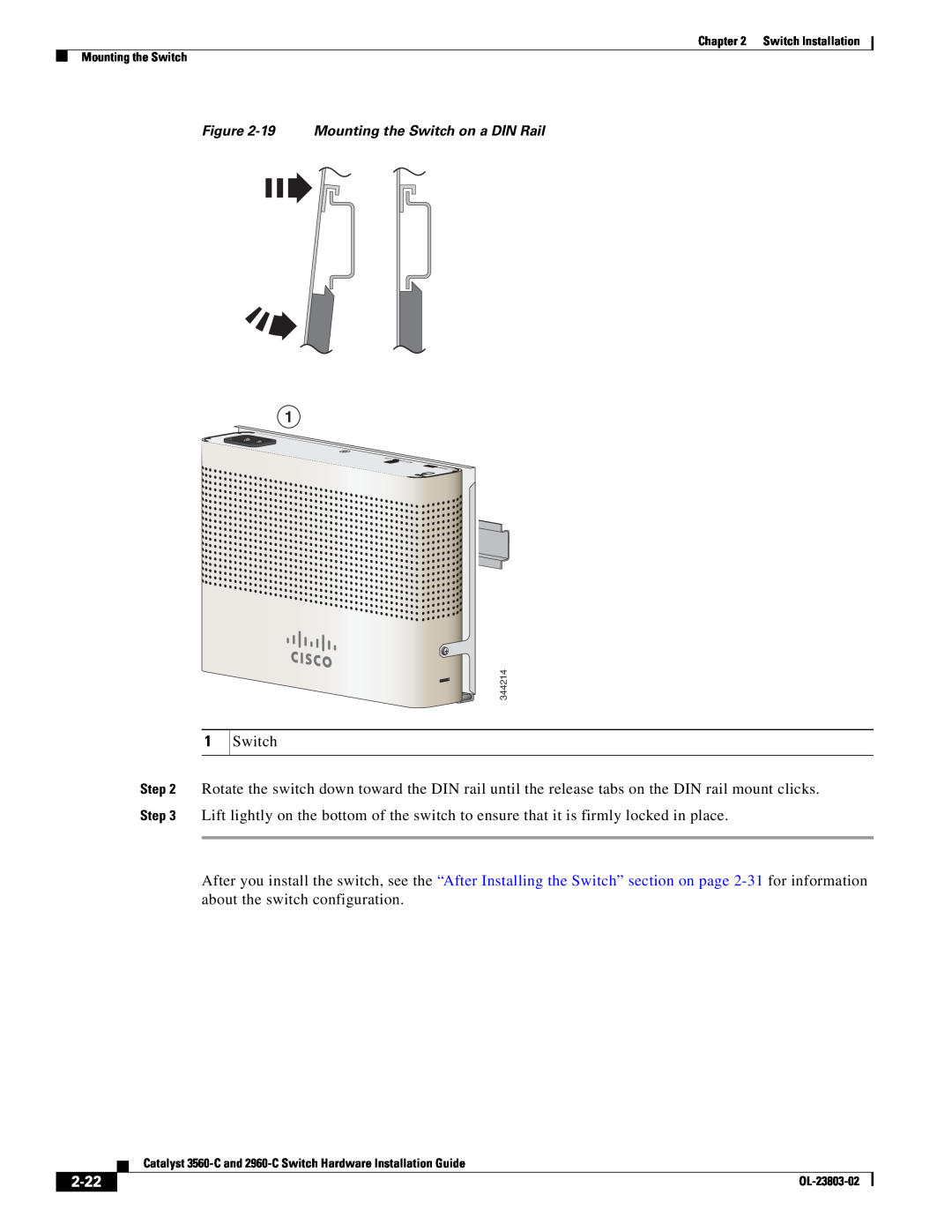 Cisco Systems 3560-C manual 2-22, 19 Mounting the Switch on a DIN Rail 