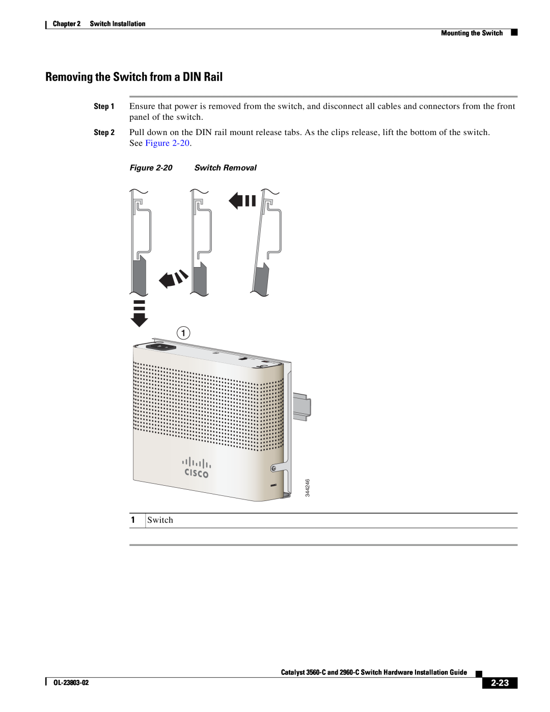 Cisco Systems 3560-C manual Removing the Switch from a DIN Rail, 2-23, Switch Removal 
