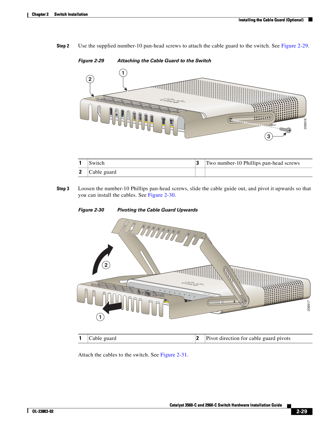 Cisco Systems 3560-C manual 2-29, 29 Attaching the Cable Guard to the Switch, 30 Pivoting the Cable Guard Upwards, Catalyst 