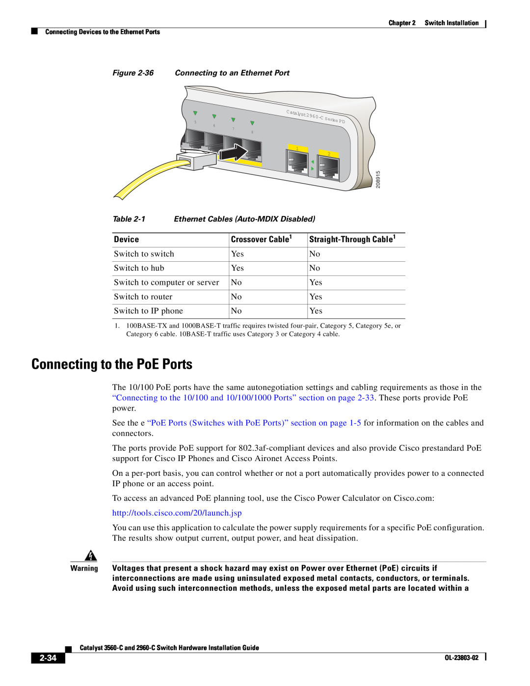 Cisco Systems 3560-C manual Connecting to the PoE Ports, Device, Crossover Cable, http//tools.cisco.com/20/launch.jsp, 2-34 
