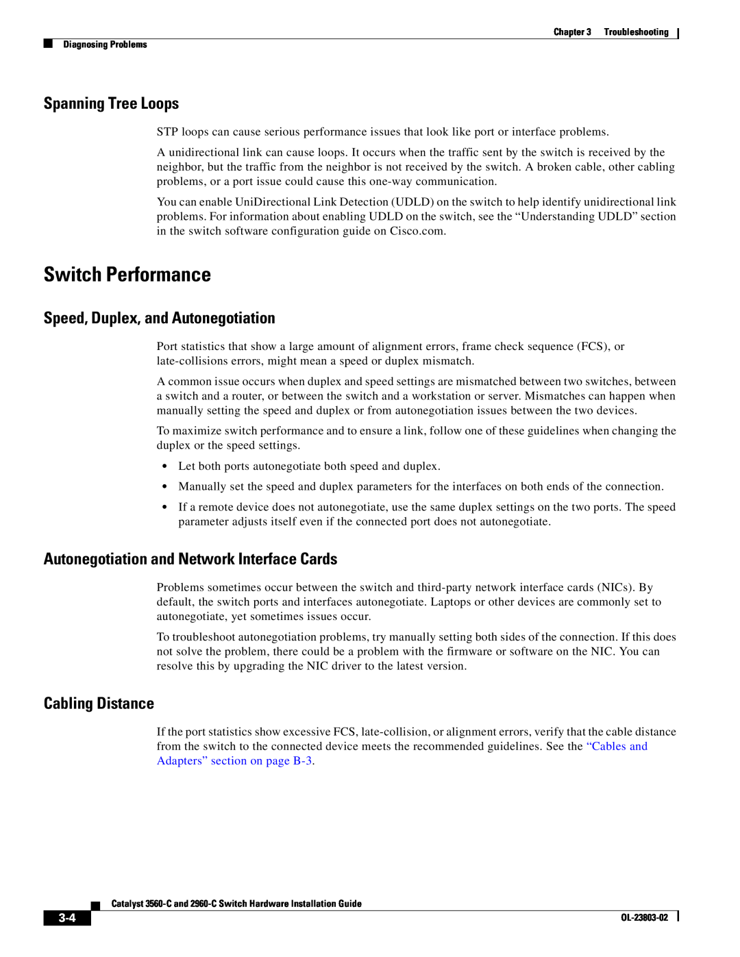 Cisco Systems 3560-C manual Switch Performance, Spanning Tree Loops, Speed, Duplex, and Autonegotiation, Cabling Distance 