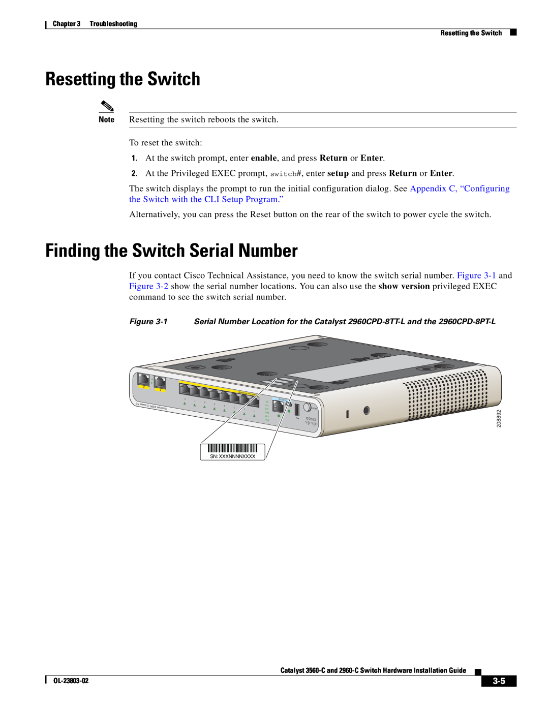 Cisco Systems 3560-C manual Resetting the Switch, Finding the Switch Serial Number 