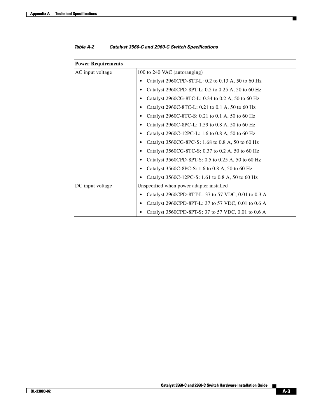 Cisco Systems 3560-C manual Power Requirements 