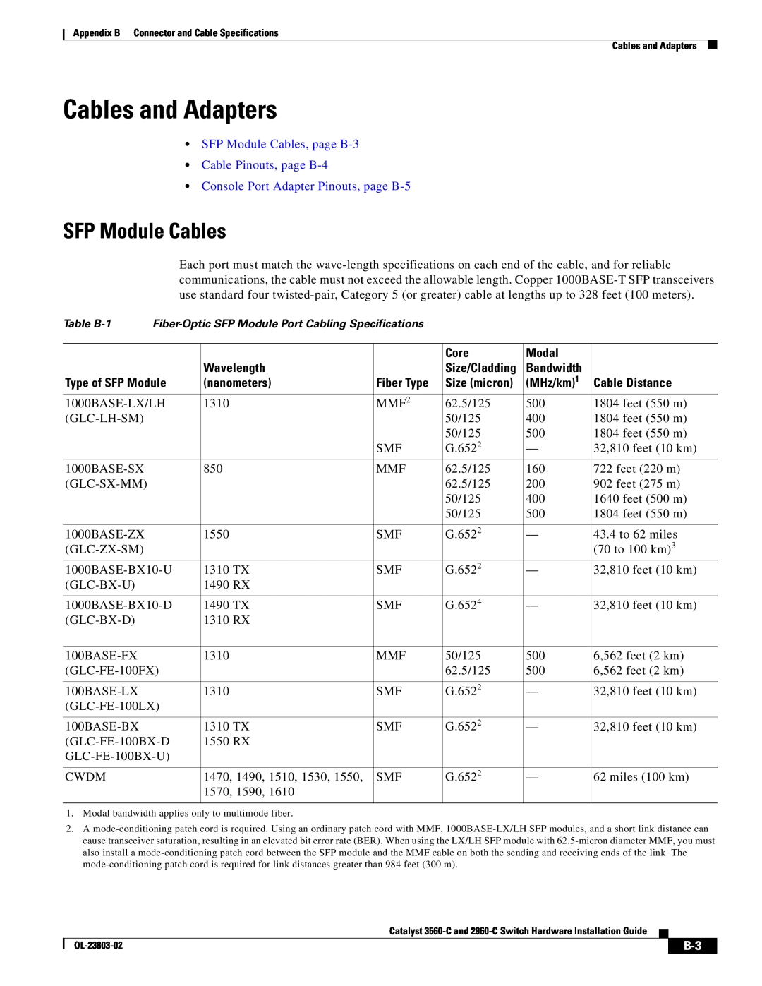 Cisco Systems 3560-C Cables and Adapters, SFP Module Cables, page B-3 Cable Pinouts, page B-4, Core, Modal, Wavelength 