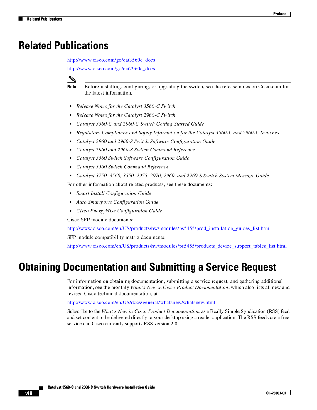 Cisco Systems 3560-C manual Related Publications, viii, Obtaining Documentation and Submitting a Service Request 