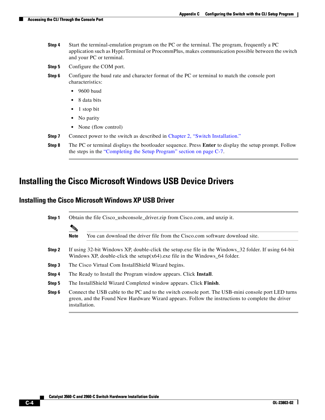 Cisco Systems 3560-C manual Installing the Cisco Microsoft Windows USB Device Drivers 