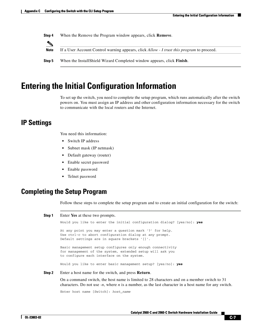 Cisco Systems 3560-C manual Entering the Initial Configuration Information, IP Settings, Completing the Setup Program 