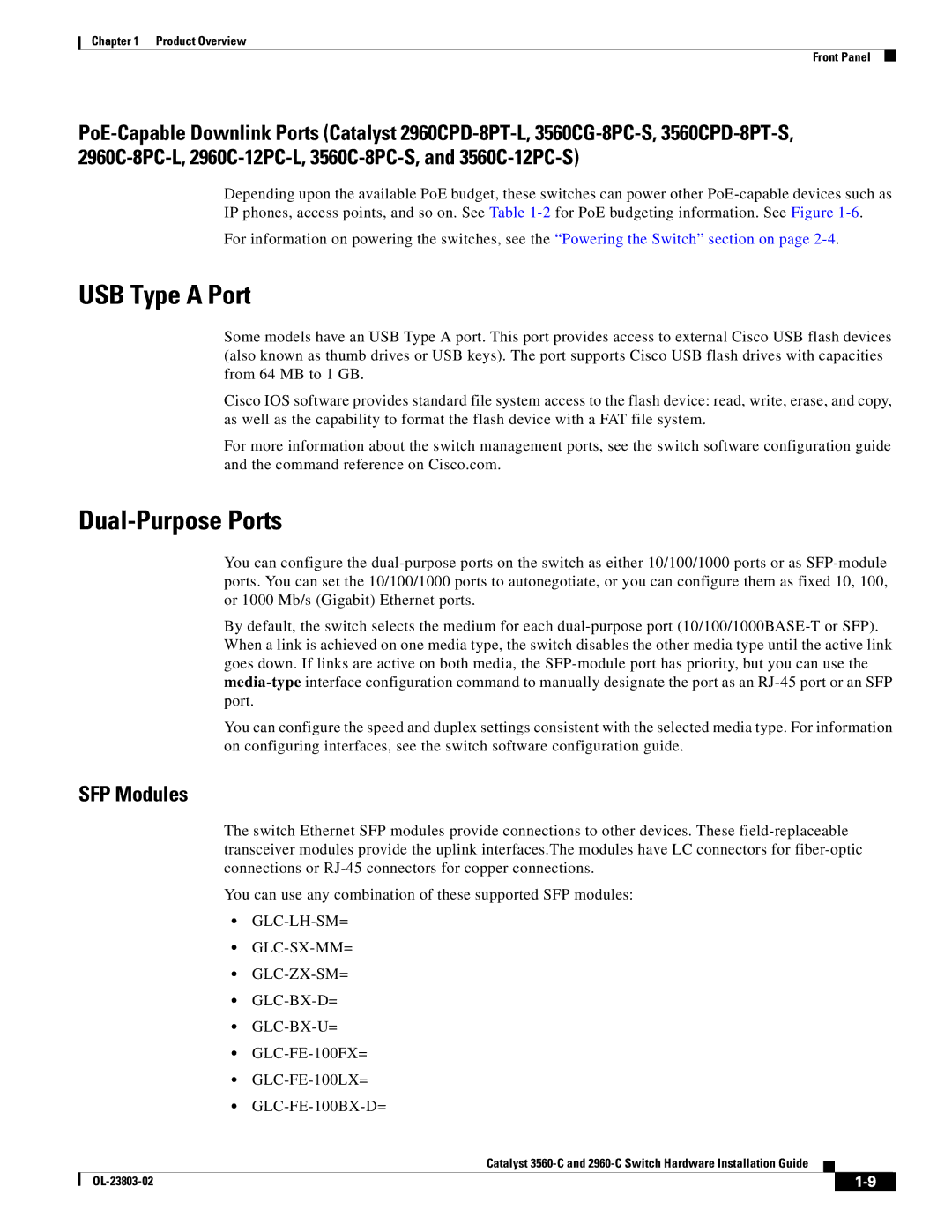 Cisco Systems 3560-C manual USB Type a Port, Dual-Purpose Ports, SFP Modules, GLC-FE-100FX= GLC-FE-100LX= GLC-FE-100BX-D= 